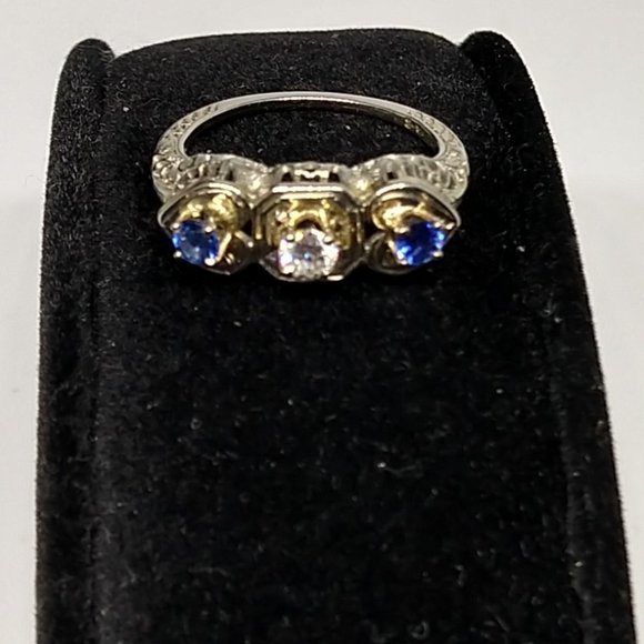 Art Deco 18k White Gold .20 Diamond .30 Sapphires